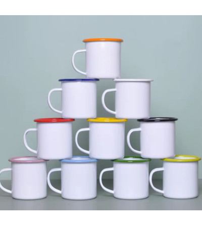 Mug Acier émaillée 350 ml Bord Coloré – Tasse Métal Blanc Spécial Sublimation | Résistant & Personnalisable