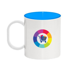 Mug bicolore bleu en plastique personnalisé