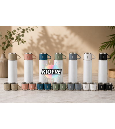 Gourde thermos personnalisable par sublimation avec 2 tasses intégrées