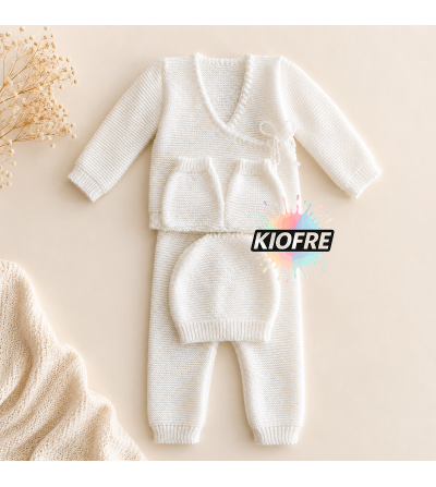 Ensemble bébé tricot blanc acrylique personnalisable – cache-cœur, pantalon, bonnet et moufles