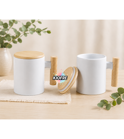 Mug en Céramique pour Sublimation avec Poignée & Couvercle Bambou – 330 ml