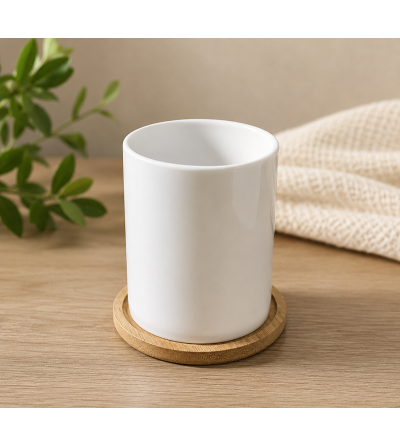 Pot en Céramique Blanc avec Base Bambou – Spécial Sublimation