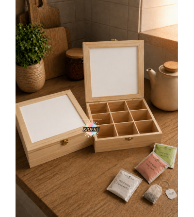 Boîte à Thé 9 Compartiments en Bois – Spéciale Sublimation | Exclusivité KIOFRE