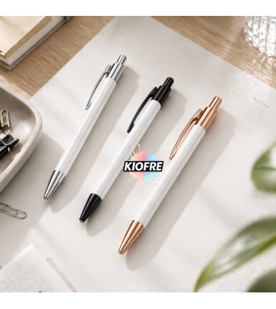 Stylo de sublimation blanc avec film rétractable – Bouton poussoir – Argenté, noir ou doré – Encre bleue ou noire