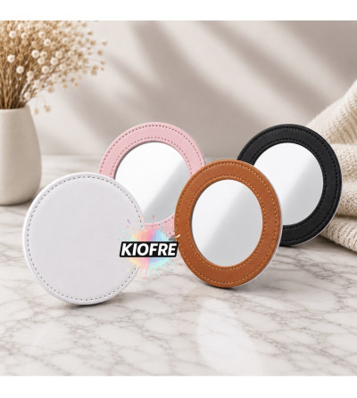 Miroir de poche rond en simili cuir pour sublimation – Personnalisable Ø 8,7 cm