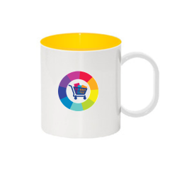 "RUPTURE" Mug bicolore jaune en plastique personnalisé