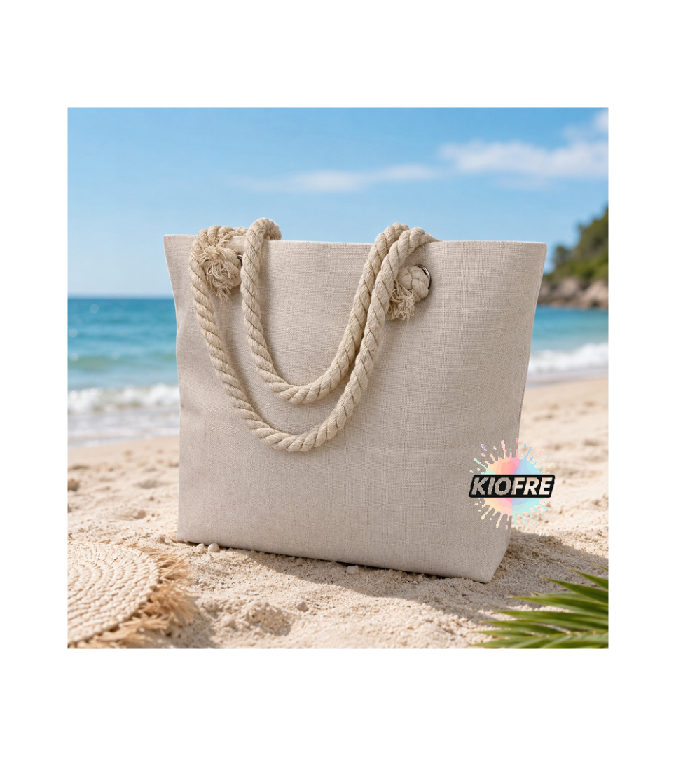 Cabas plage corde beige 46x36x10 cm pour sublimation | Sac tote personnalisé