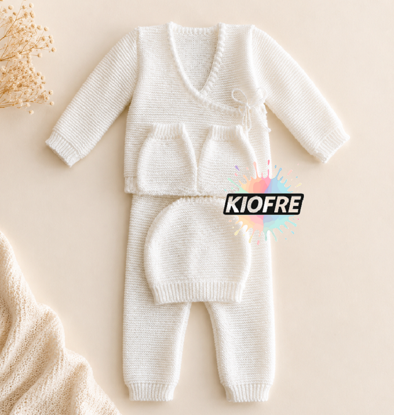 Ensemble bébé tricot blanc acrylique personnalisable – cache-cœur, pantalon, bonnet et moufles