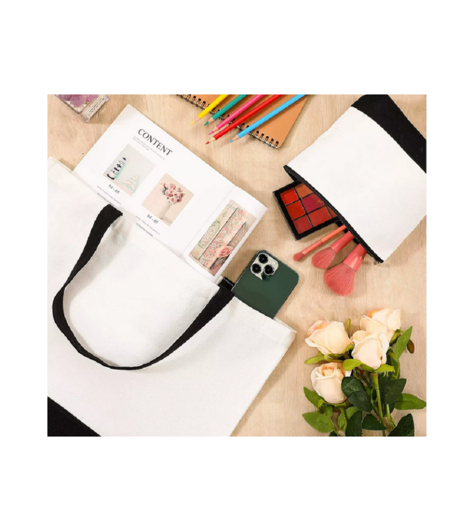 Ensemble Sac et Pochette pour Sublimation Blanc Noir – Tote Bag Personnalisable Polyester – Image 5