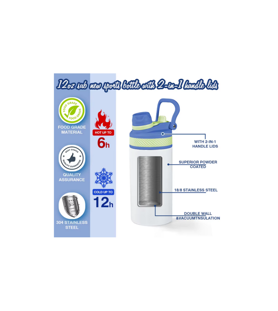 Gourde Thermos 350 ml / 12 oz – Double Bouchon – Blanche Sublimation – Isotherme – Image 3
