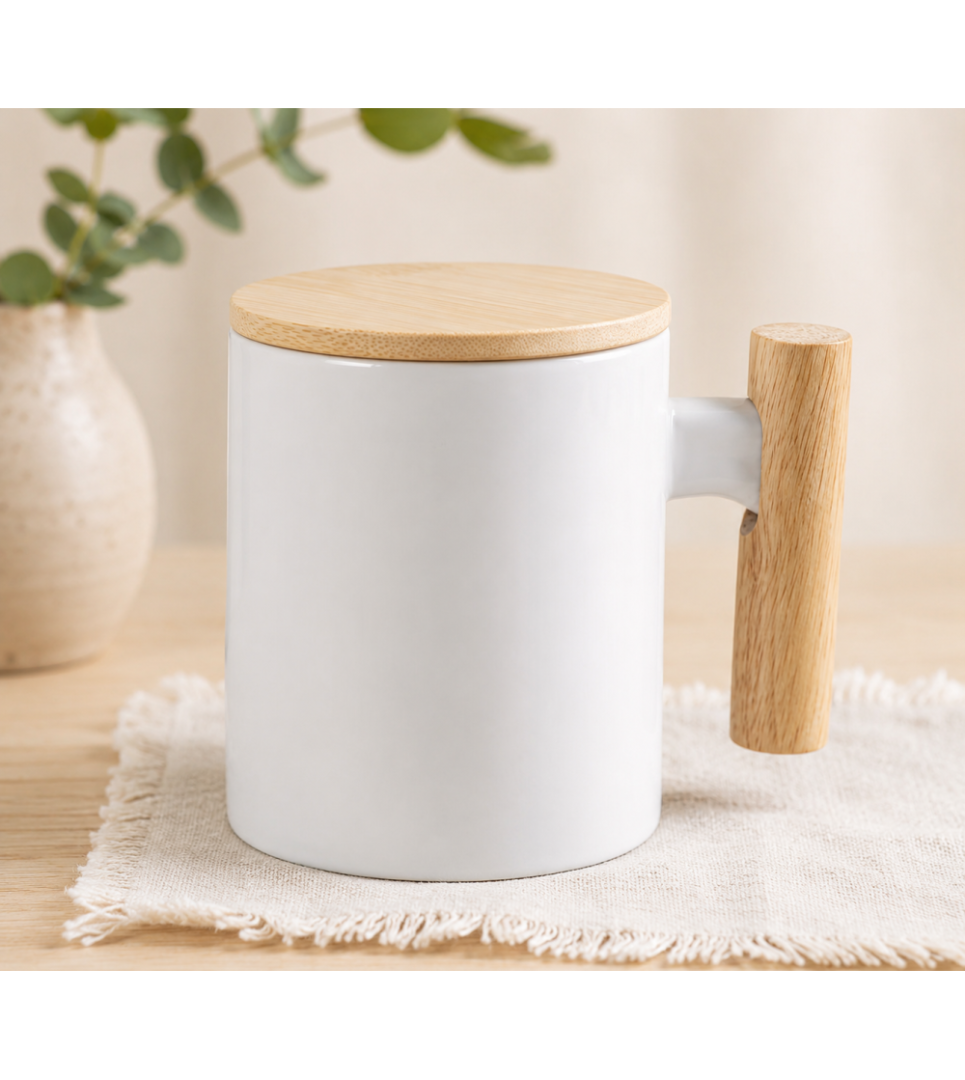 Mug en Céramique pour Sublimation avec Poignée & Couvercle Bambou – 330 ml – Image 2