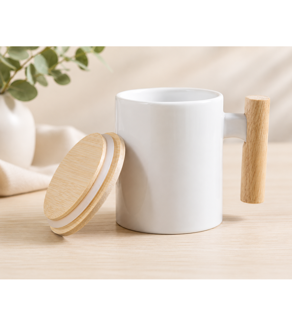 Mug en Céramique pour Sublimation avec Poignée & Couvercle Bambou – 330 ml – Image 3