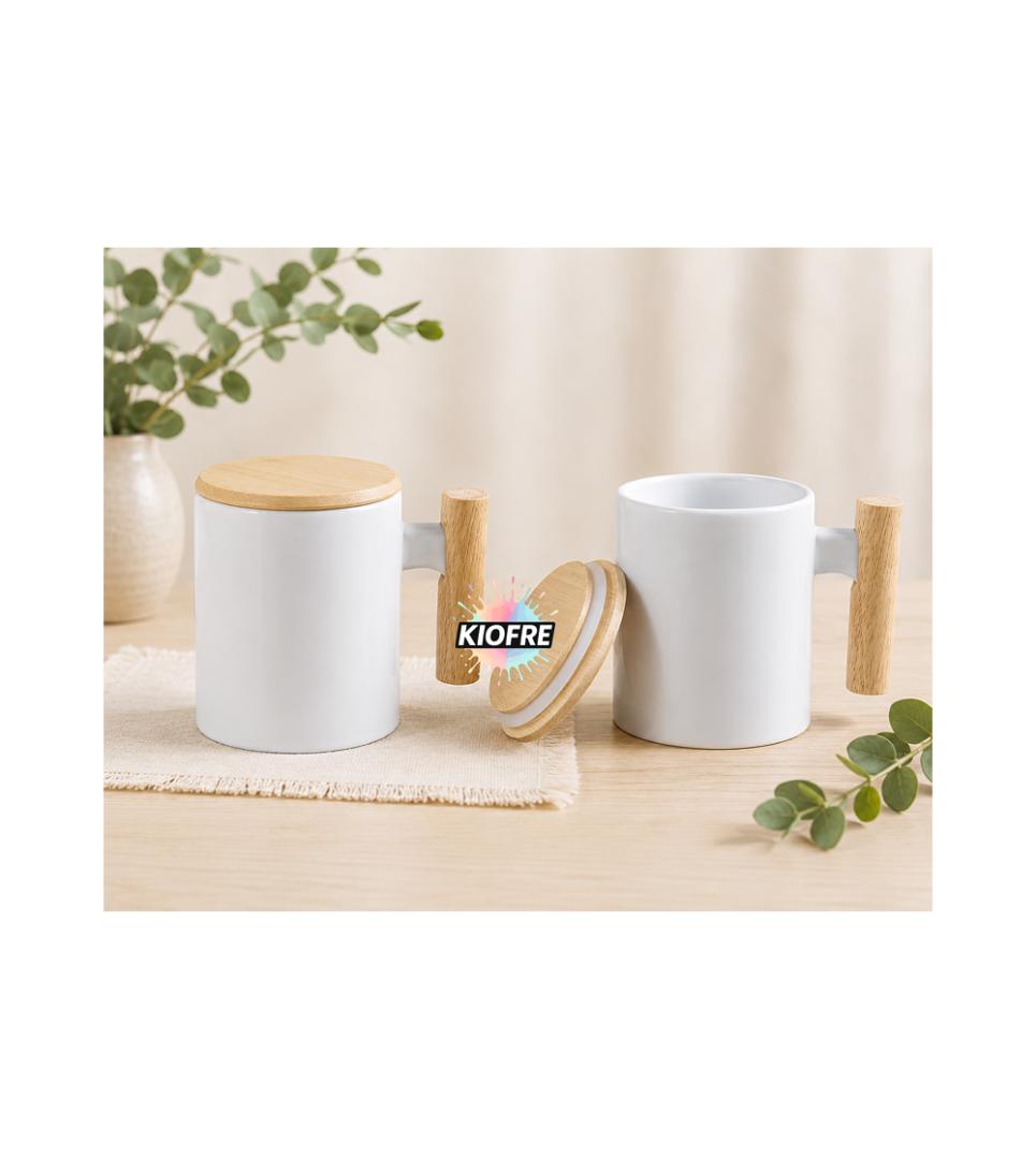 Mug en Céramique pour Sublimation avec Poignée & Couvercle Bambou – 330 ml