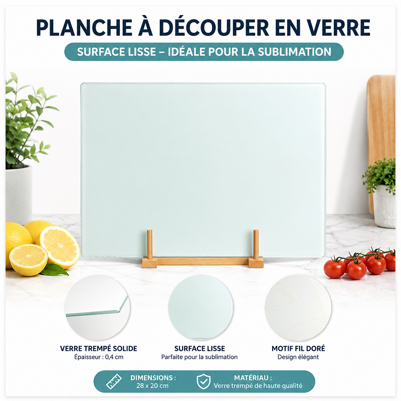Planche à découper en verre trempé pour sublimation – Surface lisse 28 × 20 cm