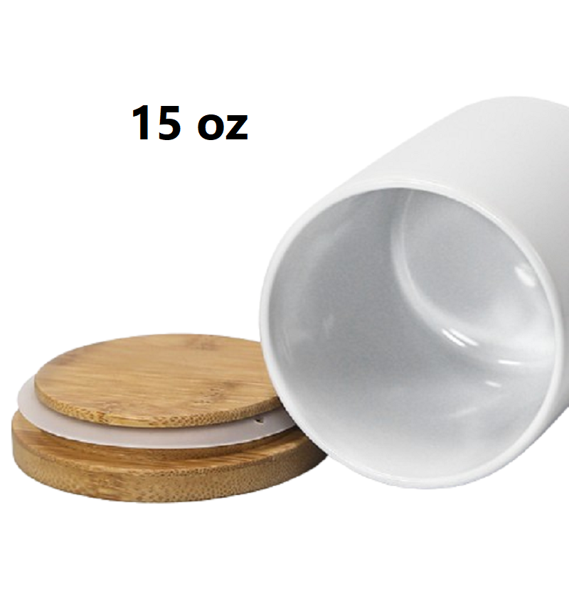 Pot à Biscuit Céramique 15 oz (450ml) avec Couvercle en Bambou – Spécial Sublimation
