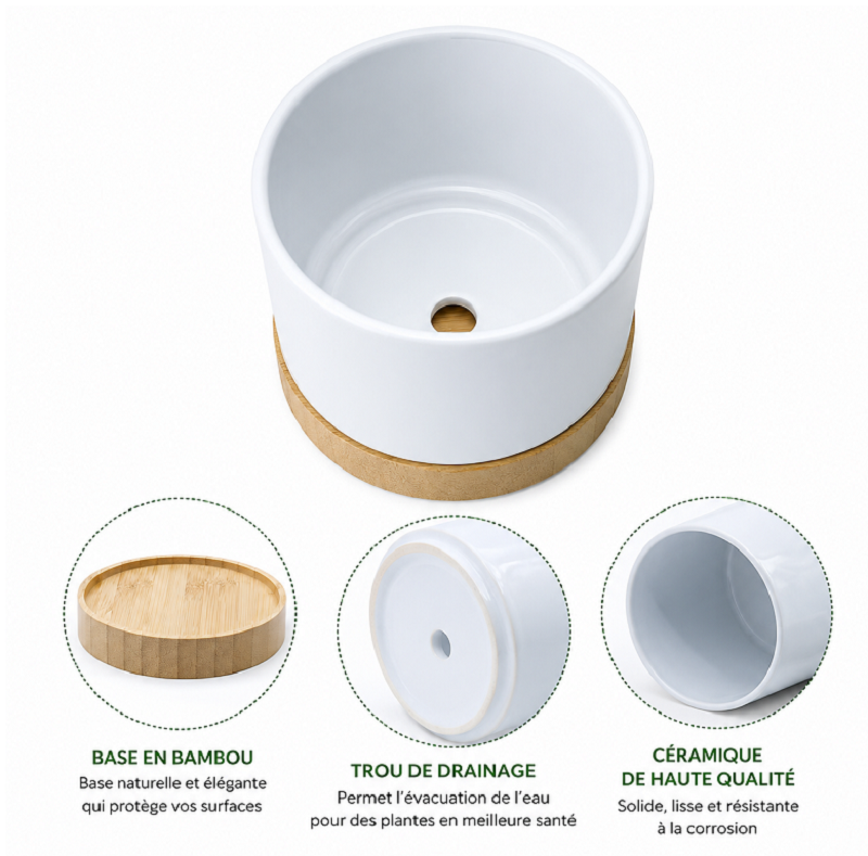 Pot pour succulentes en céramique personnalisable pour sublimation avec base en bambou – Image 3