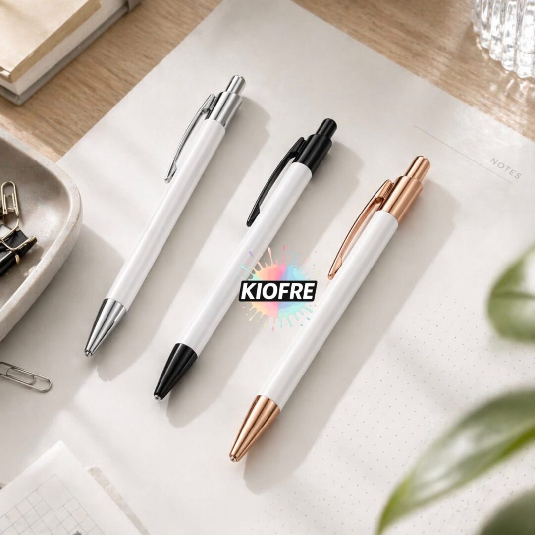Stylo de sublimation blanc avec film rétractable – Bouton poussoir – Argenté, noir ou doré – Encre bleue ou noire