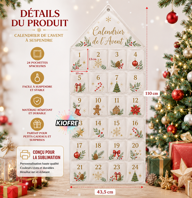 Calendrier de l'Avent à suspendre en tissu – 24 pochettes – Spécial sublimation – Image 3