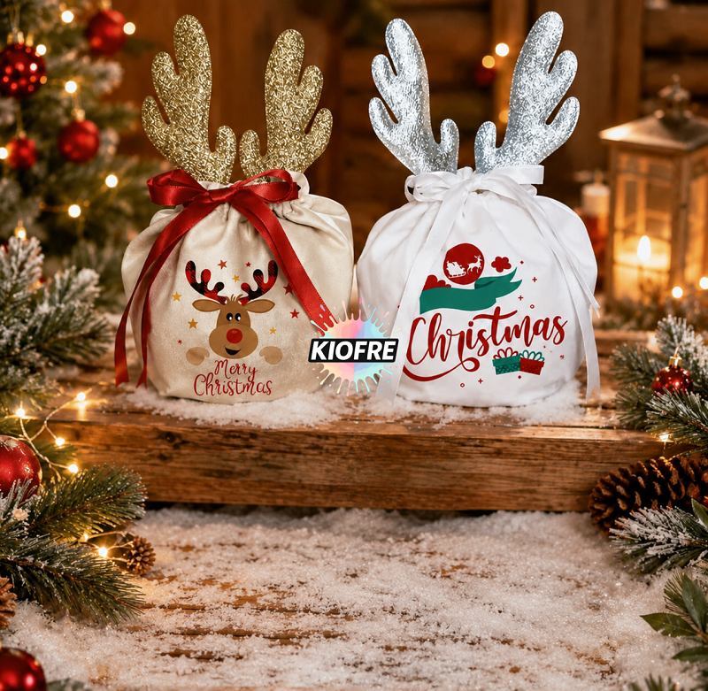 Pochon de Noël en velours avec bois de renne – Spécial sublimation
