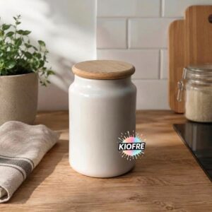 Pot à biscuits en céramique blanc à sublimer – Couvercle en bambou