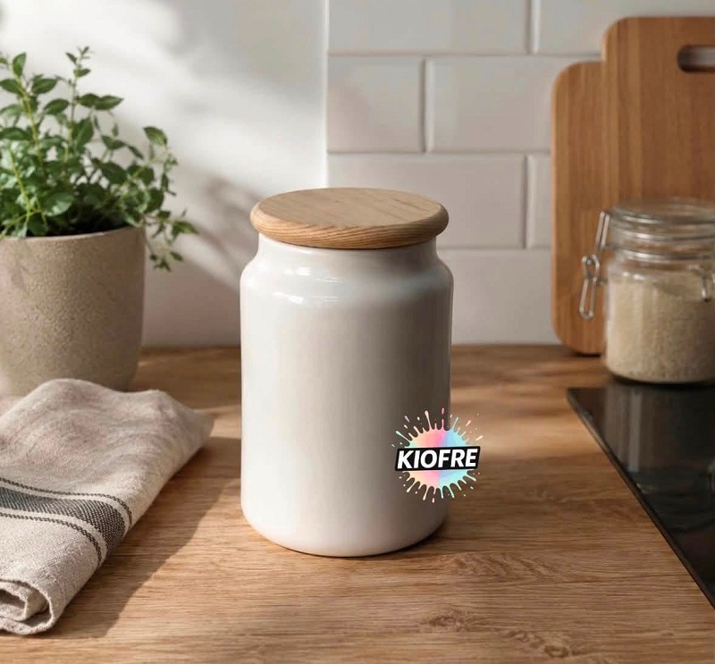 Pot à biscuits en céramique blanc à sublimer – Couvercle en bambou