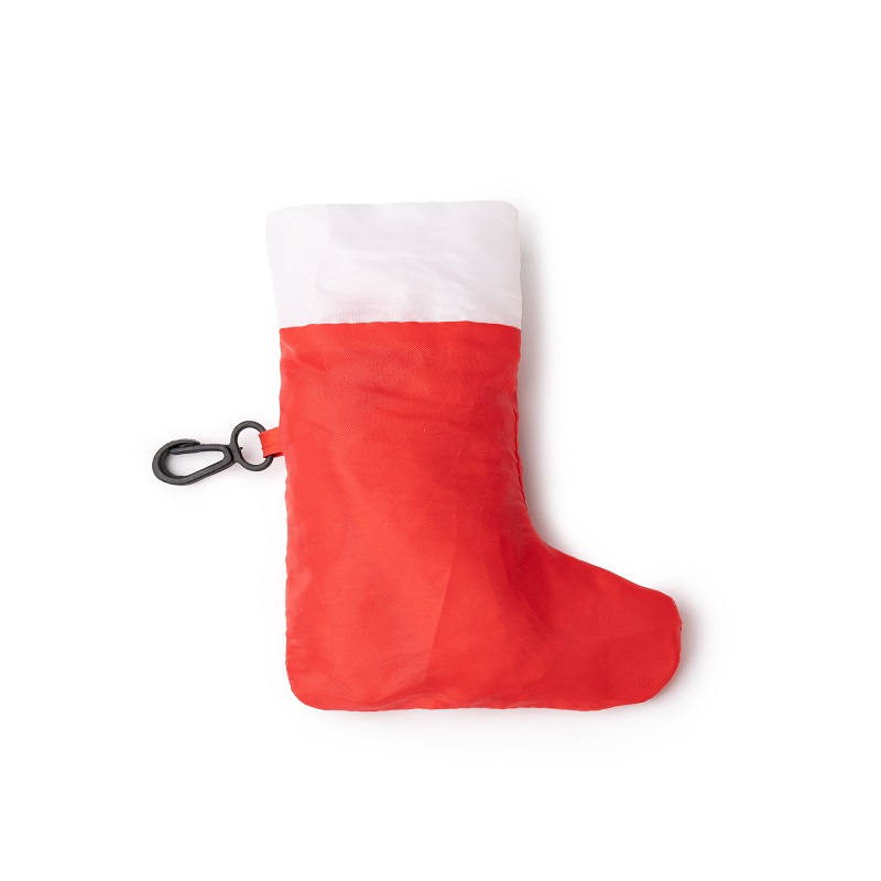 Sac shopping rouge pliable dans sa chaussette de Noël avec mousqueton – À personnaliser par sublimation – Image 3