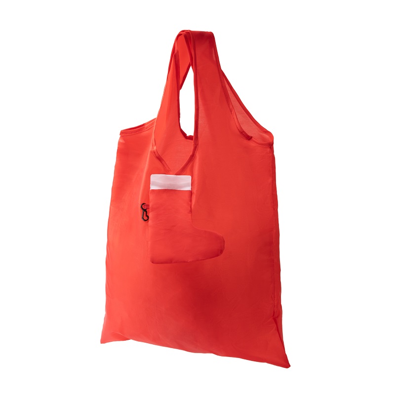 Sac shopping rouge pliable dans sa chaussette de Noël avec mousqueton – À personnaliser par sublimation – Image 2