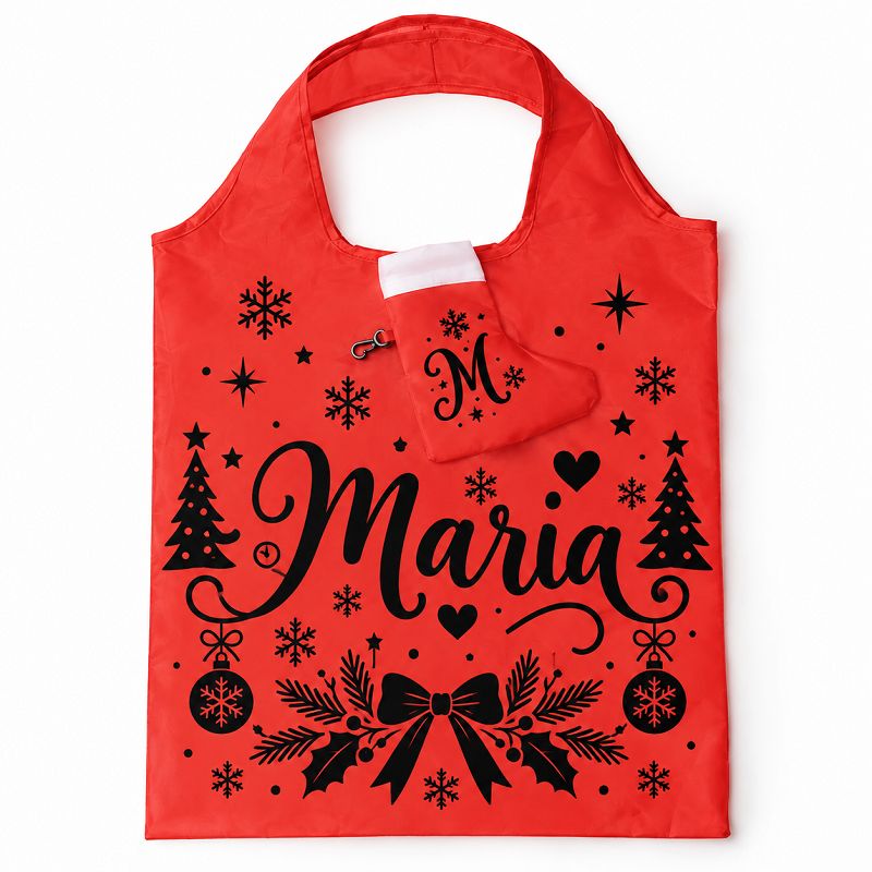Sac shopping rouge pliable dans sa chaussette de Noël avec mousqueton – À personnaliser par sublimation